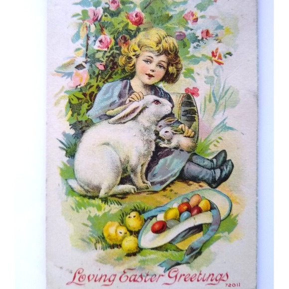 Loving Easter Greetings Postcard 1911 Child Bunny Rabbits In Flower Garden 72011 - Picture 1 of 3